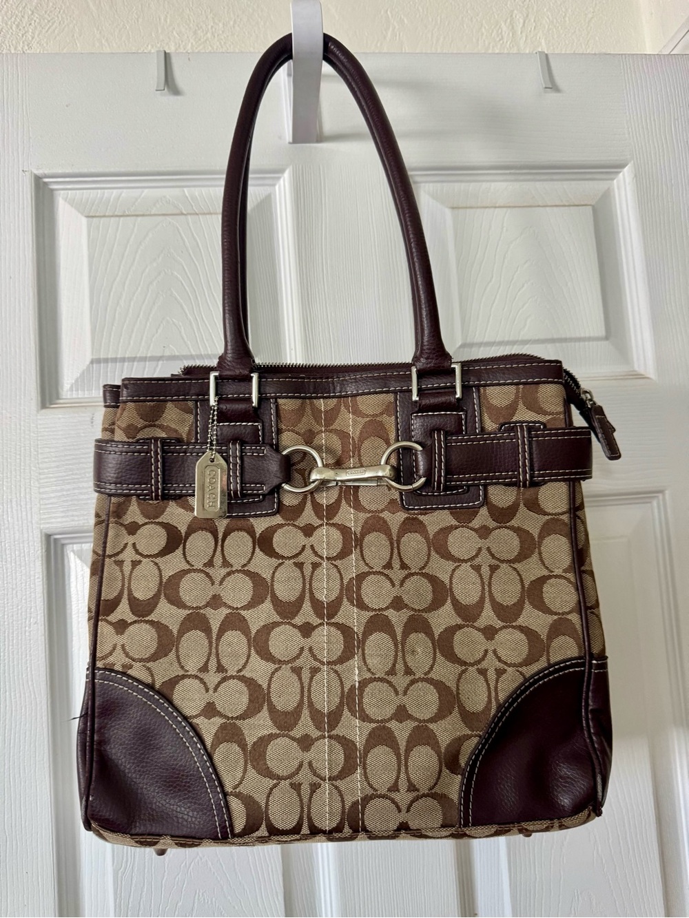 Coach Brown Signature Canvas Tote with Dark Brown Leather Trim